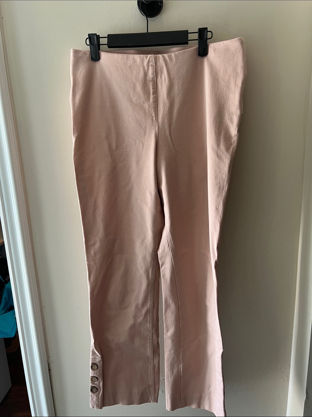 Soft Surroundings Blush Pink Ankle pants with 3 wooden buttons on each side.